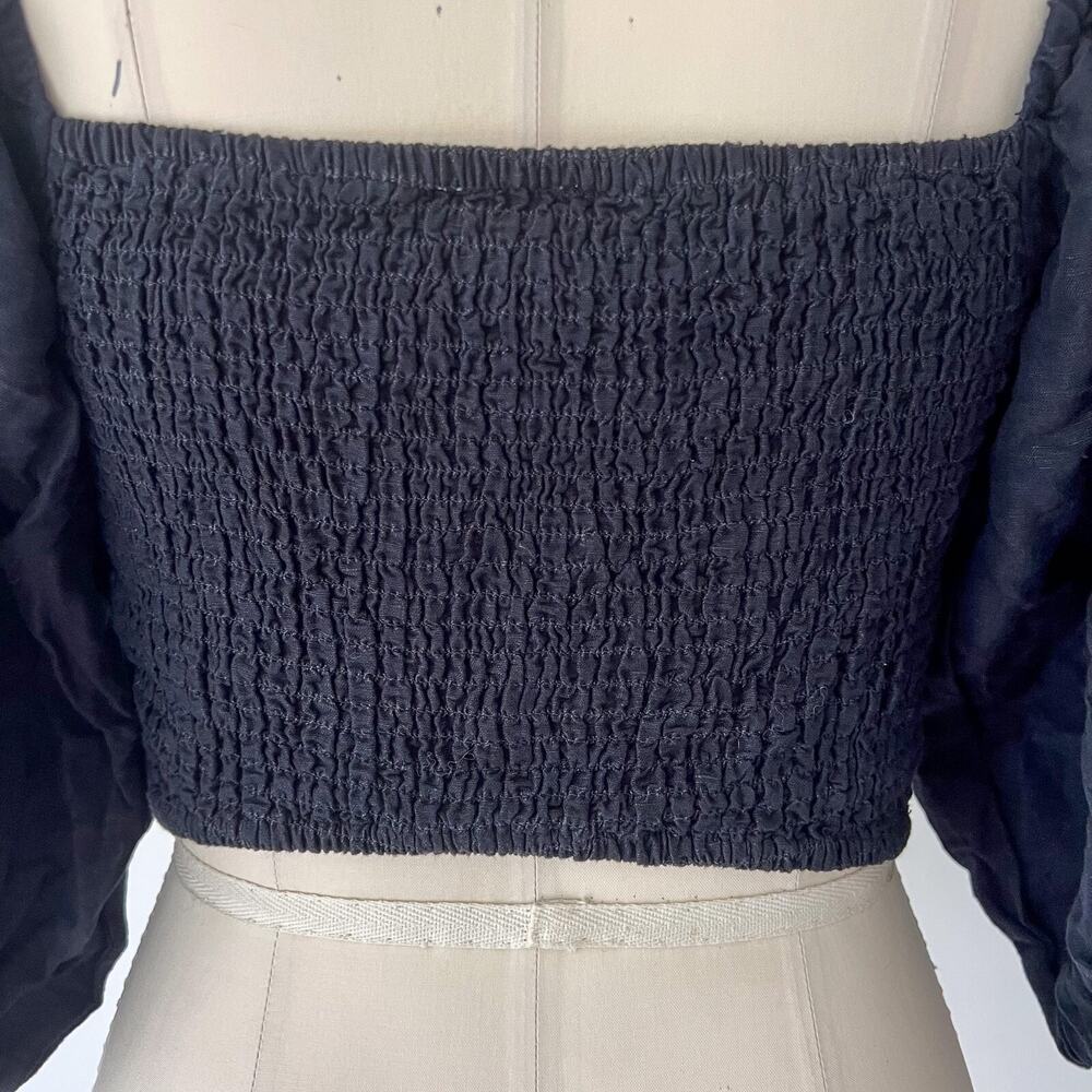Posse Womens SMALL Black Linen Ivy Blouse Smocked Ruched Cropped Puff Sleeve - Picture 6 of 10
